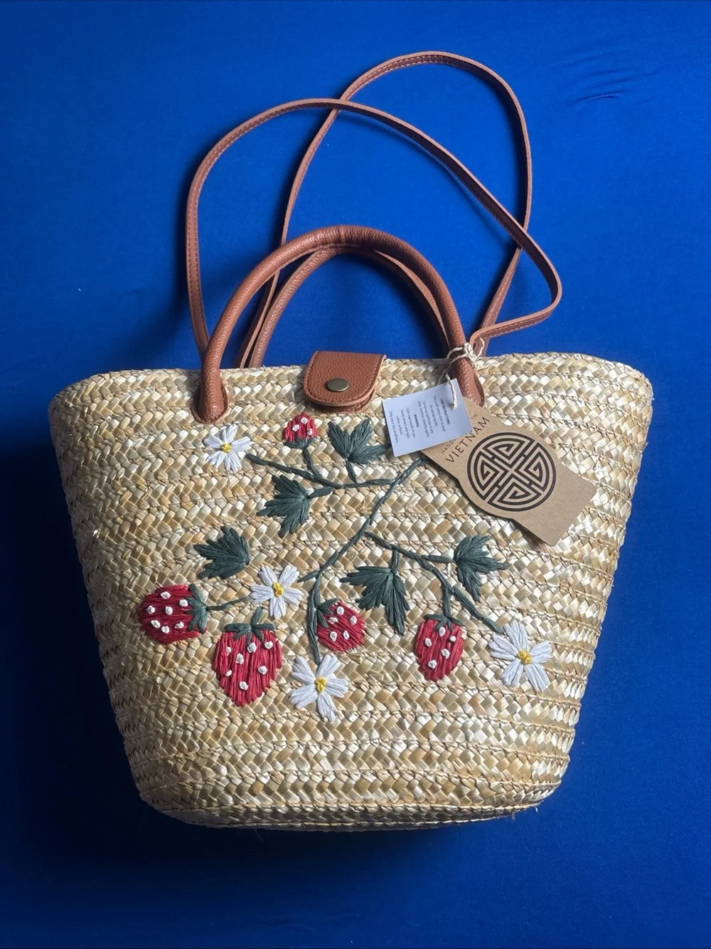 Source Unknown Straw Tote with Red Strawberry Embroidery and Tan Handles